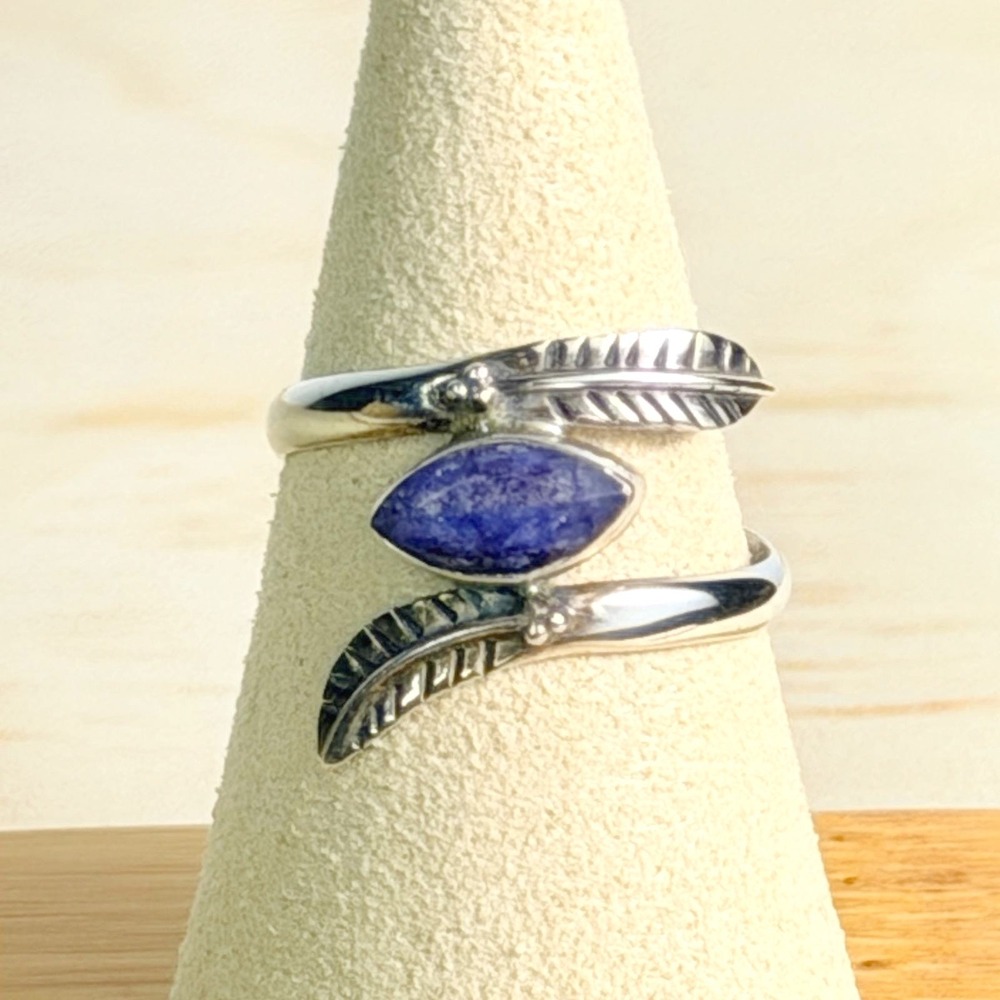 Boho Vintage Blueish Purple Lapis Lazuli 925 Silver Feather Bypass Ring Size 9